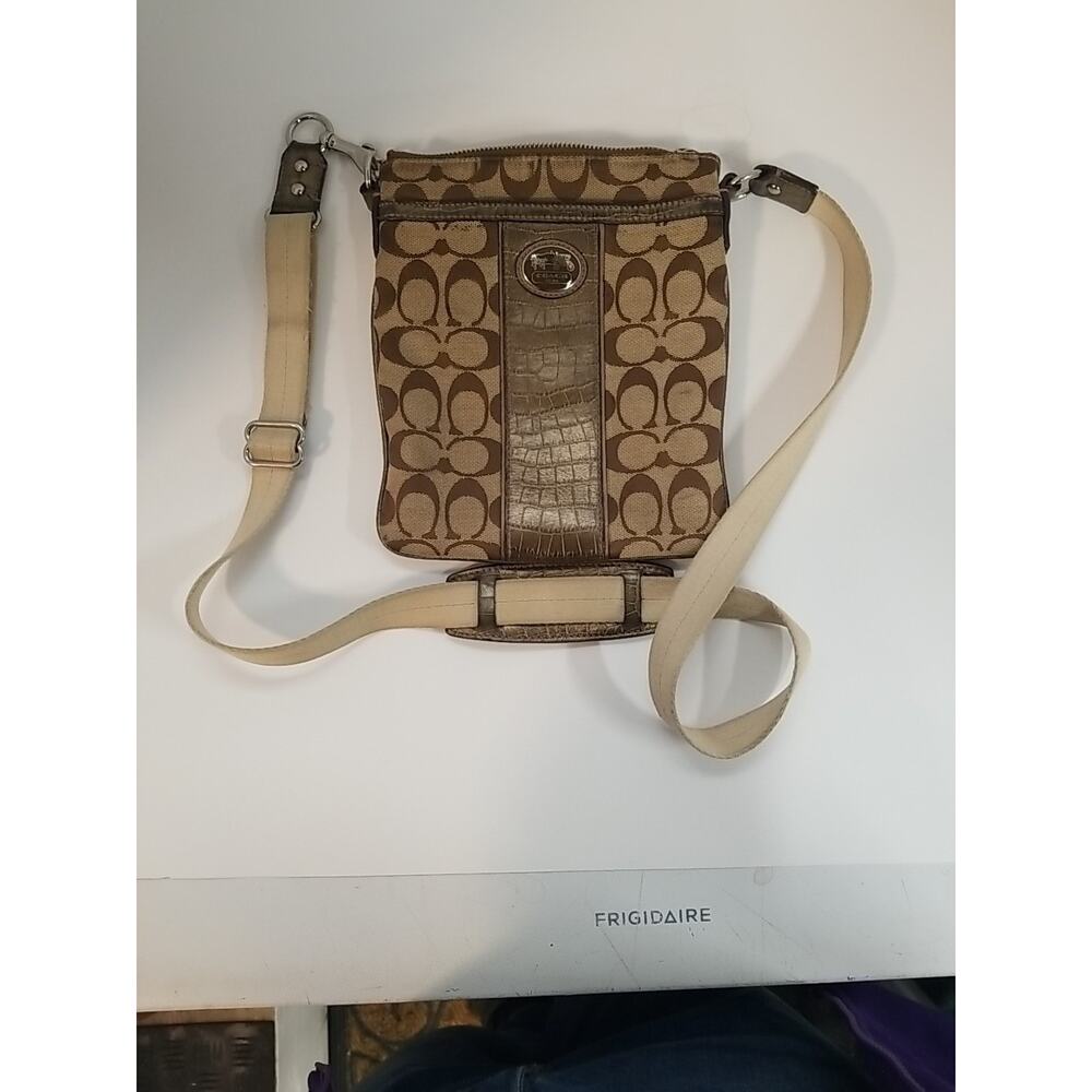 Coach Sutton Signature Gold Crocodile Leather Stripe Swing Pack